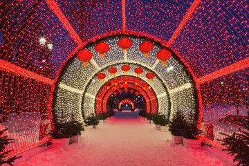 Chinese New Year in Moscow. The glowing tunnel with red decorative lanterns on Tverskoy Boulevard - 733875489