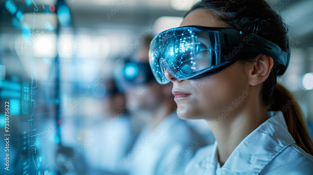 Poster professional female scientist with vr smart glasses analyzing data in a high-tech laboratory environ