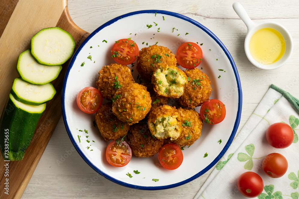 Wall mural spanish vegan chickpea croquettes with eggplant and zucchini.