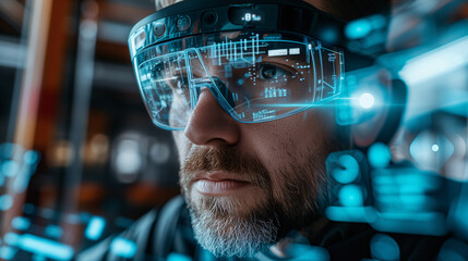 Focused male engineer wearing smart glasses with futuristic augmented reality interface for data analysis.