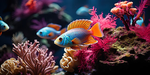 Naklejka na ściany i meble Underwater harmony: multi colored fish and mollusks merge into harmonious unity under wat