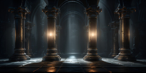  Luxurious pillars exposed to sunlight In the dark background    