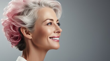 Portrait of a middle-aged woman with a smiling face, cosmetic model. Studio.