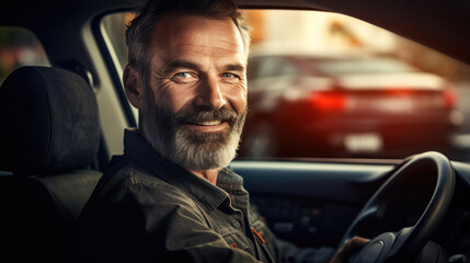 Portrait of Driving instructor in car on a blurred background
