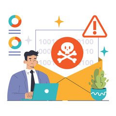 Digital virus threat concept. Tech-savvy woman analyzes menacing skull on monitor, signifying malware attack. Immediate response required. Flat vector illustration