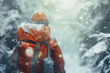 A lone trekker, enveloped in a winter jacket and woolen hat, is immersed in a magical snowfall while navigating through a dense, snow-laden forest