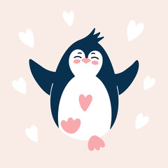 Cute funny penguin with a heart. Simple baby vector illustration. Bird south pole.Character isolated on white background