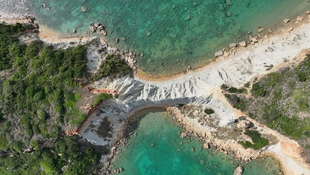 Aerial drone view of Jason's bite on Zakinthos island, Greece. Gerakas Beach. Zakynthos, at Cape Gerakas in Greece. Vasilikos Gerakas beach in Zante, Zakynthos.