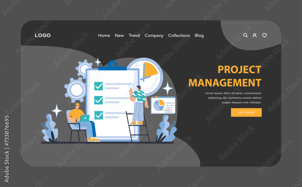 Poster project management night or dark mode web or landing page. illustration of teamwork in action, focus