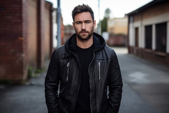 Portrait of a handsome young man with a beard in a black leather jacket.