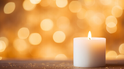white candle with flame on table and blurred light bokeh background with copy space