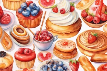 Watercolor desserts and pastries pattern for packaging and decoration of pastries and sweets. Generative AI