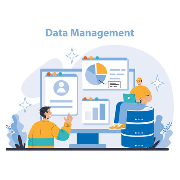 Data Management concept. Efficient organization and analysis of digital information. Secure database systems and storage solutions. Flat vector illustration.