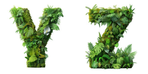 Letters Y and Z are made of the vibrant green ecosystem of moss, ferns, and monstera plants.