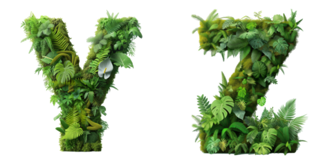 Letters Y and Z are made of the vibrant green ecosystem of moss, ferns, and monstera plants.