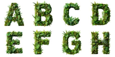 Letters A, B, C, D, E, F, G, H are made of the vibrant green ecosystem of moss, ferns, and monstera plants. - obrazy, fototapety, plakaty