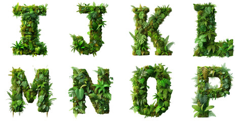 Letters I, J, K, L, M, N, O, P are made of the vibrant green ecosystem of moss, ferns, and monstera plants.