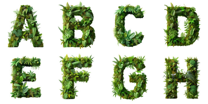 Letters A, B, C, D, E, F, G, H are made of the vibrant green ecosystem of moss, ferns, and monstera plants.