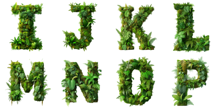 Letters I, J, K, L, M, N, O, P are made of the vibrant green ecosystem of moss, ferns, and monstera plants.