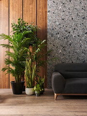 Decorative room and vase of plant concept, wooden and marble wall background, chair desk and sofa interior design.