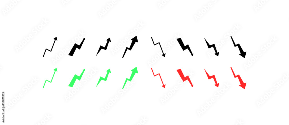 Poster up and down arrow icons. different styles, green and red, up and down arrows, arrow design for graph