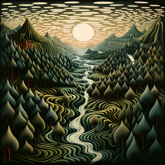 Obraz premium Mountain landscape with forest and lake at sunset. illustration.