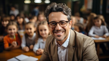 Fototapeta premium Teacher portrait with classroom with students seated in the background