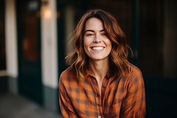 Portrait of a beautiful young woman smiling and looking at the camera - obrazy, fototapety, plakaty