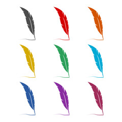 Feather quill pen logo icon isolated on white background. Set icons colorful