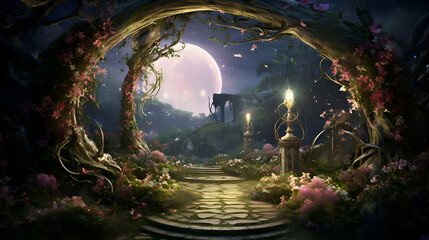 Obraz na płótnie Canvas Mystical fantasy scene with a full moon. a path and a full moon