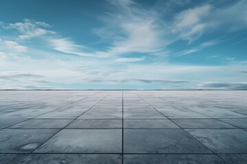 An empty square with a concrete floor and sky background.