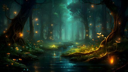 Fantasy landscape with dark forest. river and fog. 3d rendering