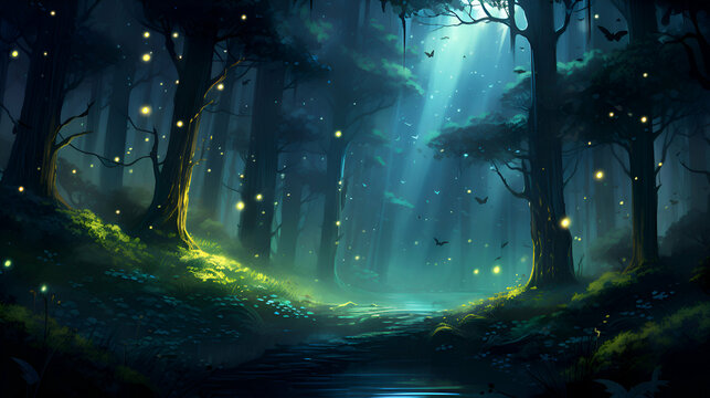 Mystical dark forest with glowing lights and fog