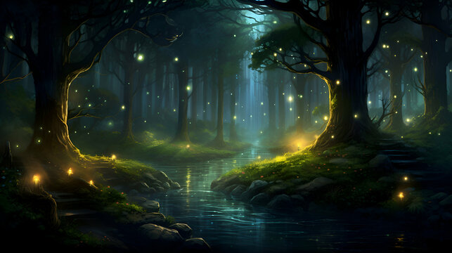 Fantasy landscape with magical forest and fog. 3D rendering.