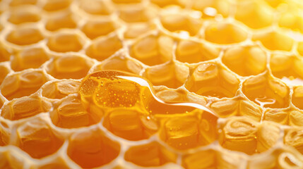 golden honeycombs with drops of liquid honey, hexagonal texture, close-up