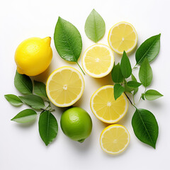 slice lemon and lime with green leaves creative pattern isolated on white background, Top view and flat lay