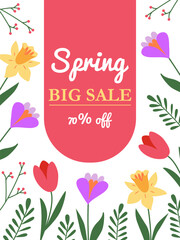 Spring big sale banner template with text. Seasonal advertising campaign. Great for social media, web sites, e mail newsletter. Vertical floral promo flyer, brochure, background.