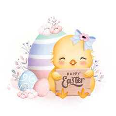 Watercolor Illustration Cute Chick and Eggs with Happy Easter Sign