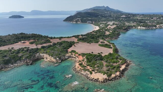 Aerial drone view of Jason's bite on Zakinthos island, Greece. Gerakas Beach. Zakynthos, at Cape Gerakas in Greece. Vasilikos Gerakas beach in Zante, Zakynthos.