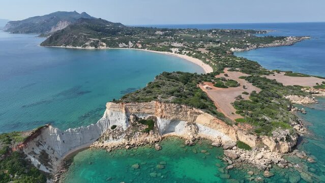 Aerial drone view of Jason's bite on Zakinthos island, Greece. Gerakas Beach. Zakynthos, at Cape Gerakas in Greece. Vasilikos Gerakas beach in Zante, Zakynthos.