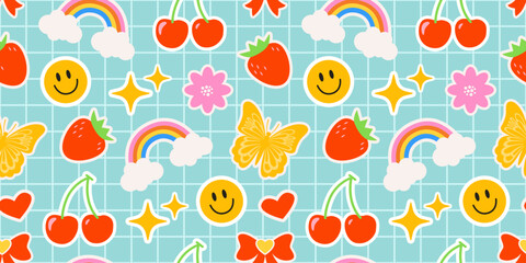 Emoji on a checkered blue background. Children's pattern with bright elements in the form of stickers. Groovy hippie pattern. Labels. Rainbow, flower, sparkle, butterfly, cherry, and smile.	