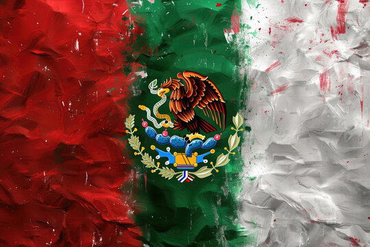 Mexican flag with national coat of arms, paint texture with brush strokes, illustration