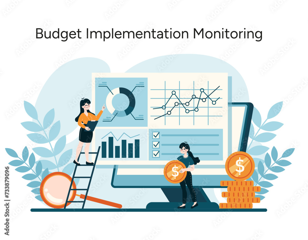 Poster budget implementation monitoring concept. vigilant tracking and analysis of financial plan execution