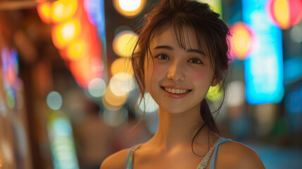 Smiling Young Woman in City at Night.
Cheerful woman with city lights.