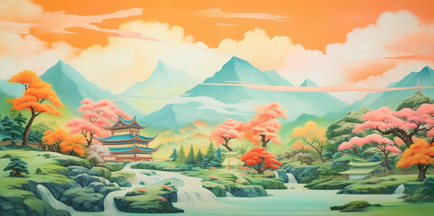Paintings of mountains, rivers, cherry blossoms, and castles in the countryside. local way of life, rural scenery