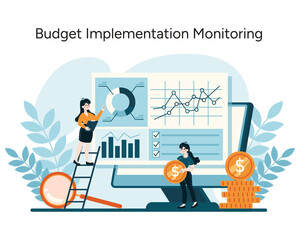 Budget Implementation Monitoring concept. Vigilant tracking and analysis of financial plan execution. Key performance indicators in focus. Flat vector illustration - obrazy, fototapety, plakaty