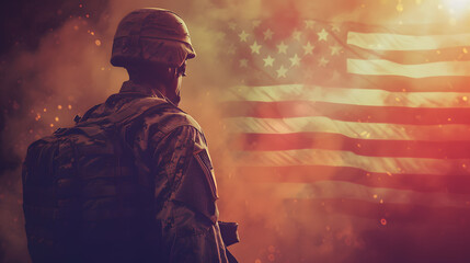 Fototapeta premium Photo of soldier with the USA flag on background. Special force United States soldier 