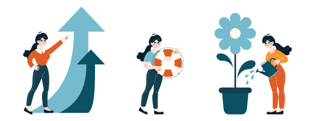 Growth and Support set. A businesswoman points to an upward trend, offers a lifebuoy, and waters a growth metaphor. Representation of assistance and nurturing in career advancement. Flat vector