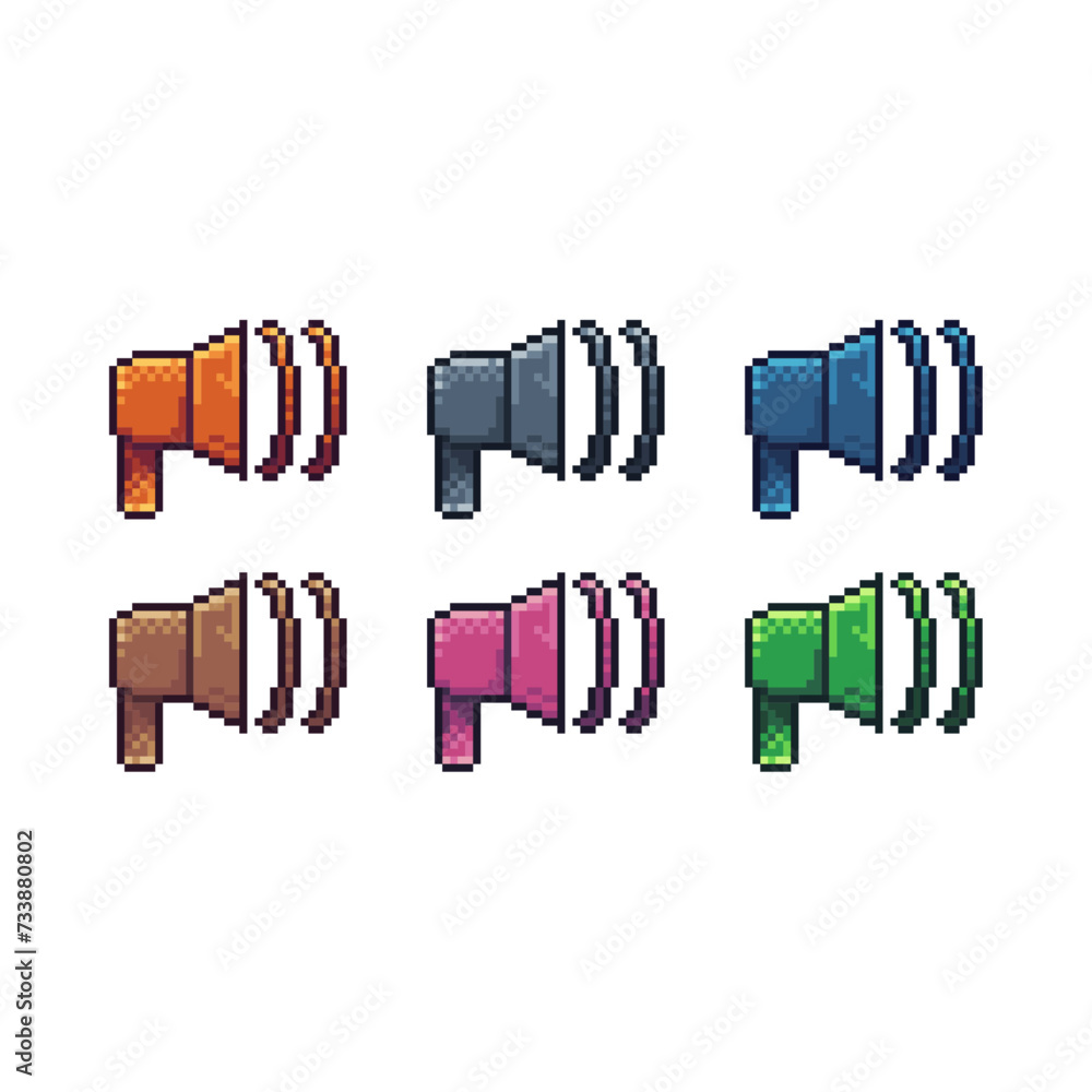 Poster pixel art sets icon of loadspeaker in variation color.speaker icon on pixelated style. 8bits perfect