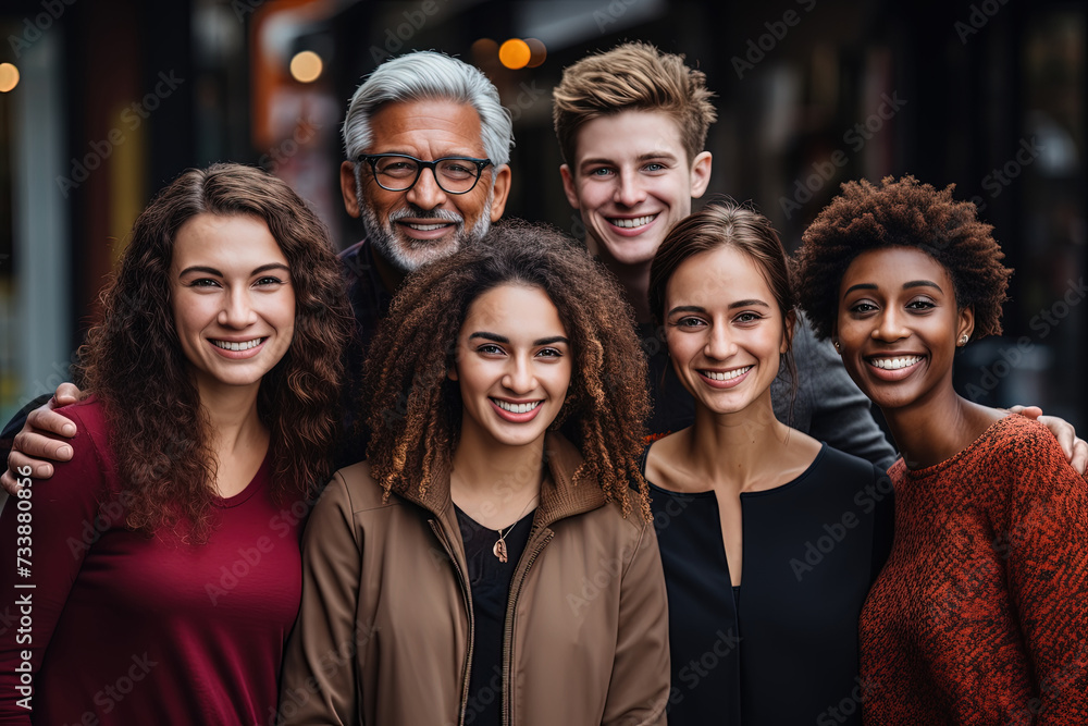 Poster vibrant depiction of diverse group of individuals standing alongside each other, basking in a harmon